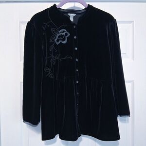 J. Jill Black Velvet Top Button-up Blouse Romantic Floral Embroidery Sz M